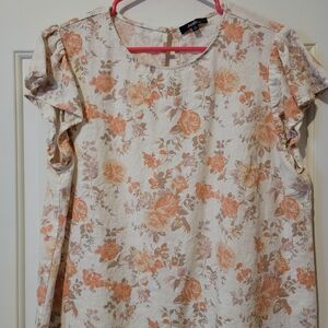 Angels Floral Ruffle Sleeve Blouse - Orange and Cream